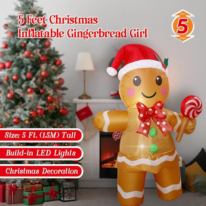 Christmas Inflatables Gingerbread Man Girl Lighted Yard Lawn Inflatable Decoration with Built-in Fan and Stakes Ropes Holiday Party Decor, Christmas Decor (5FT-Gingerbread Girl Holds Candy)