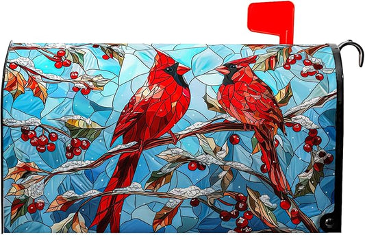 Cardinal Bird Magnet Mailbox Covers Winter Mailbox Cover Magnetic Standard Size 21x18 inch Holly Berry Postbox Covers for Outdoor Garden Decor