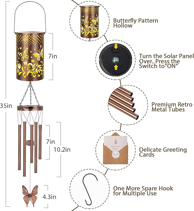 Solar Wind Chimes for Outside for Women Mom, Hanging Solar Lantern Memorial Wind Chimes, Butterfly Gifts Windchimes for Outdoors Christmas Garden Decor