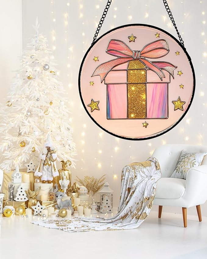 Stained Glass Window Hanging - Pink Gift Box Star Suncatcher for Doors Home Christmas Decoration Winter Sun Catcher Thanksgiving New Year Birthday Gifts for Women Men Mom Nana Girl 15 in