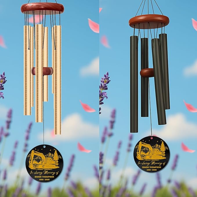 Personalized Excavator Memorial Wind Chime – “in Loving Memory” Custom Engraved Name & Years – Construction Worker Sympathy Gift – Windchime for Loss of Loved One – Equipment Operator Tribute Décor