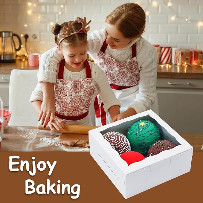 50pcs Cookie Boxes 6x6x2.5 Inch Bakery Boxes with window Chocolate Covered Strawberries Box Treat Box for Mini Cake Macaroon Dessert Pastry Muffins