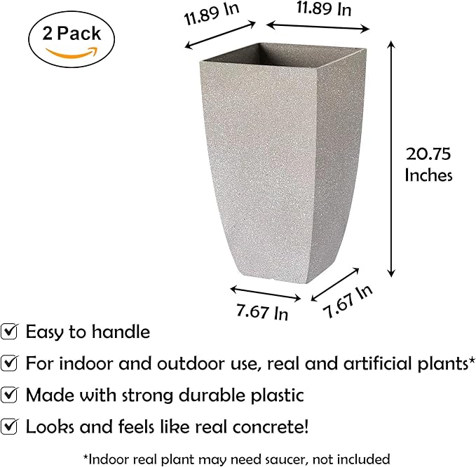 RUBBER BOND Plant Pots 2 Pack - Modern Indoor/Outdoor Planters for Home Decor - Weather-Resistant Large Flower Pots - Lightweight 22 Inches Tall Planters - Grey Concrete Color Square Pots for Plants