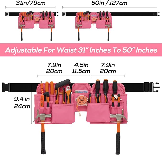 19 Pocket Tool Belts - Gardening Belt with Quick Release Buckle,Adjustable Utility Belt,Work Apron for Men and Women,for Gardening,Electrician,Carpenter,Construction Tool Belt,Gifts (Pink)