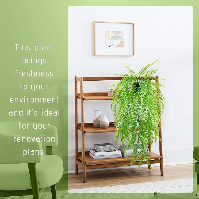 Small Artificial Hanging Plant for Shelf Fake Plant Potted Boston Ferns Faux Trailing Leaves Plant for Indoor Outdoor Aesthetic Office Living Room Shelf Decor (Black Pot)