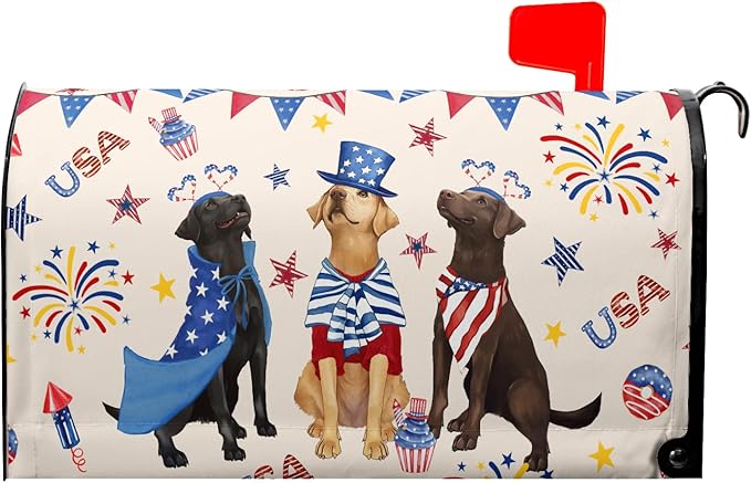 25.5"x21" Patriotic Dogs Mailbox Cover Magnetic 4th of July Puppy Waterproof Mailbox Wrap Independence Day USA Stars Letter Post Cover Large Size for Garden Yard Outdoor Decor