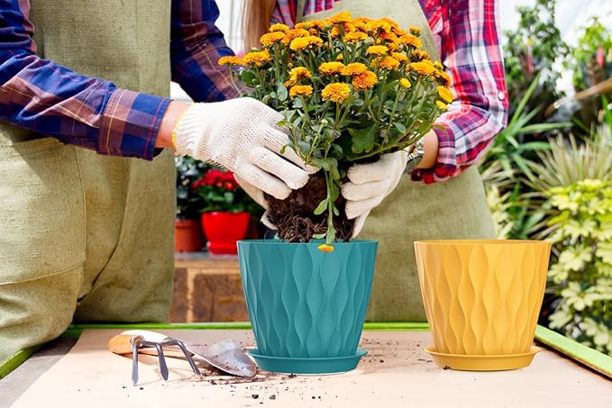 7 Inch Plant Pots 5 Pack, Flower Planters with Drainage Holes and Trays,Plastic Pots for Indoor Outdoor Plants,Multicolor