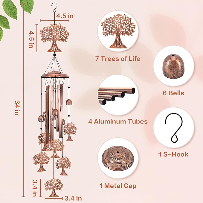 Tree of Life Wind Chimes Outdoor Tree of Life Gifts for Women Men Mom Gardening Birthday Gifts Metal Memorial WindChimes for Outside/Indoors, Lawn, Patio, Yard Art, Garden Decor, Yard Decorations