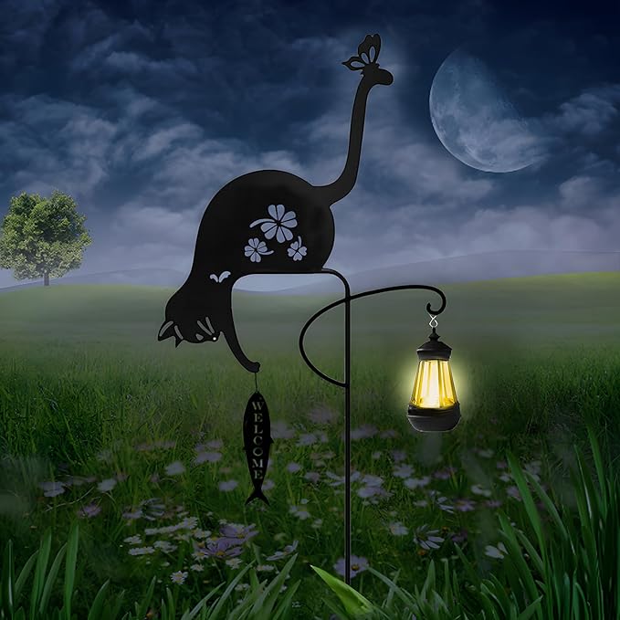Solar-Powered Black Cat&Fish Garden Decor Stakes - Metal Silhouette Figurine for Outdoor Yard, Lawn, and Patio Decoration(Cat&Fish)