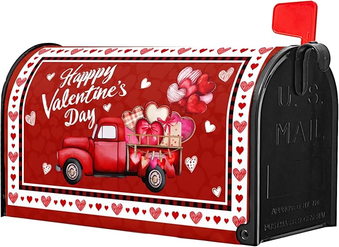 Valentine's Day Magnetic Mailbox Cover Red Heart Mailbox Cover Magnetic Standard Size 21 X 25.5 Inch Red Truck Mailbox Post Cover Mailbox Wraps Mailbox Decor for Home Garden Outdoor Yard