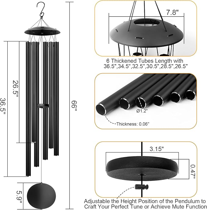 66" Large Wind Chimes for Outside Deep Tone, 6 Thickened ⌀ 1.2" Tubes Tuned Relaxing Melody Wind Chime, Windchimes Outdoors for Garden Patio Decor, Great Gift Idea for Your Loved One (Black, 66")