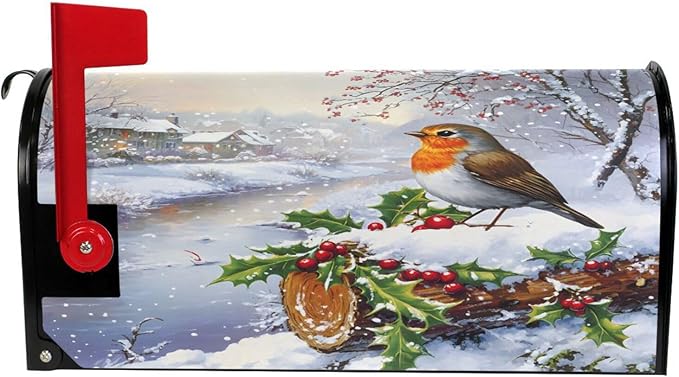 SUABO Mailbox Cover Snowy Scene Bird Standard Magnetic Mailbox Covers Wraps for Christmas Home Yard Garden Decor