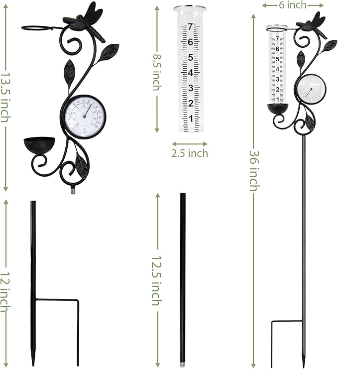 Dragonfly Rain Gauge Garden Decor, 32" Thermometer Patio Decor, 7" Capacity Rain Gauge Replacement Tube Glass, Outdoor Temperature Patio Decor