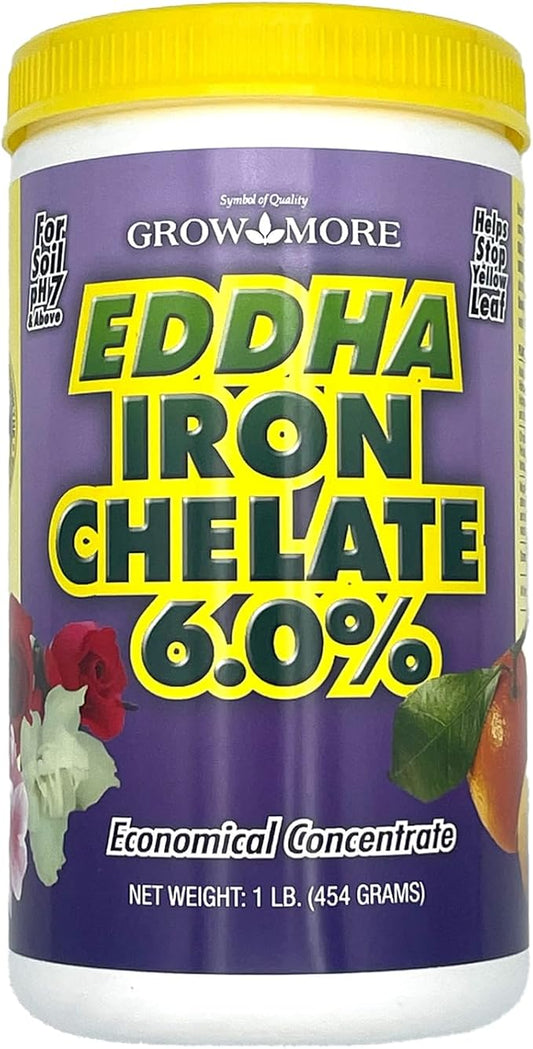 Grow More 0.2-0-0 EDDHA Iron Chelate for Greener Plants on Soils with pH of 7 or Above - 1lb of Water Soluble Chelated 6% Iron for Plants