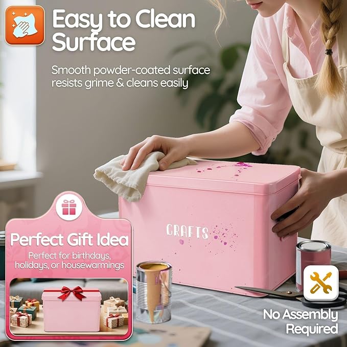 Flexzion Tin Storage Box with Removable Tray, 13 Inch Seed Organizer Box and Metal Seed Holder Organizer with Hinged Lid, Toolbox Container for Crafts, Hardware, Tools, Essentials, Pink