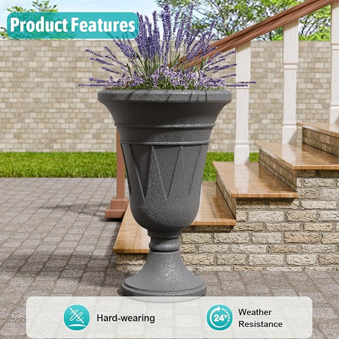 Tall Plastic Urn Planters for Outdoor Plants Set of 2-23.6" H Classic Trophy Design Indoor Large Flower Pots with Drainage Holes, Outdoor Planters for Porch Decor/Garden Vase, Grey