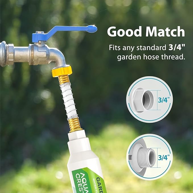 AQUA CREST Garden Hose Water Filter for Plants, Greatly Reduces Chlorine, Odor, Improve Plants Health, Ideal for Organic Gardening, Farming and Pets, Pack of 2, with Hose Protector