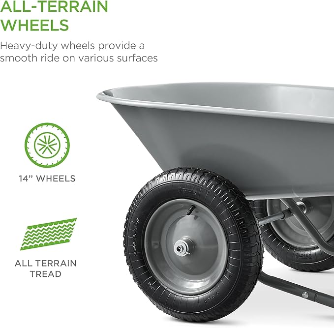 Best Choice Products Dual-Wheel Home Utility Yard Wheelbarrow Garden Cart w/Built-in Stand for Lawn, Gardening, Construction - Gray