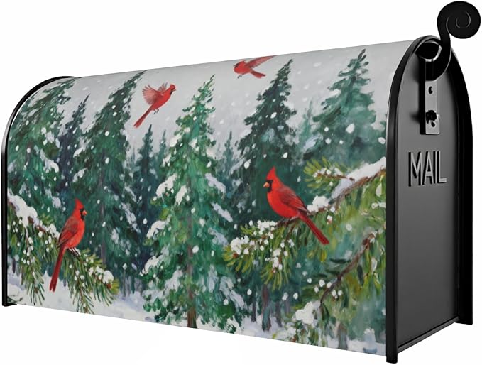 Winter Christmas Mailbox Covers Magnetic Standard Size Snow Scene Theme Green Red Cardinal Xmas Tree Outdoor Decorative Holiday Seasonal Letter Box Cases for Home Garden Outside Decor, 21x18 Inch