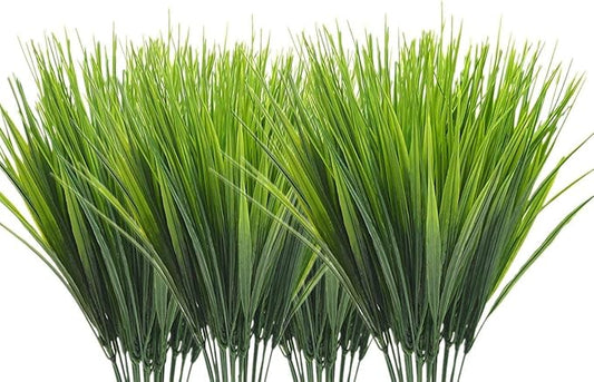 CATTREE Artificial Shrubs Bushes, Plastic Wheat Grass Green Leaves Fake Plants for Indoor Outdoor Home Garden Verandah Kitchen Office Wedding Arrangements Christmas Decoration 8 Pack