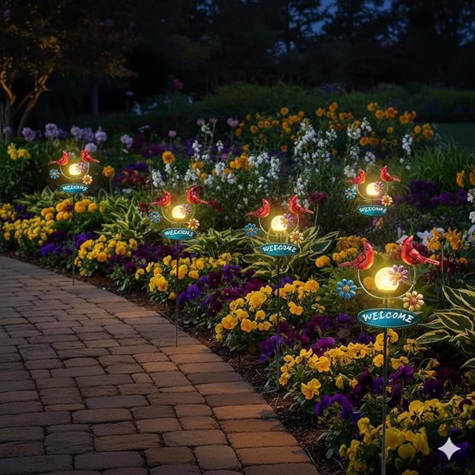 Solar Garden Stakes Metal Welcome Signs for Outside 29.5', 2 Flying Cardinals with Cracked Glass Ball,Decorative Garden Stakes for Lawn, Patio, Cardinal Gifts for Women