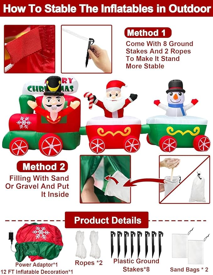 12 Ft Long 4 Ft Tall Christmas Inflatable Train with Nutcracker, Santa Claus and Snowman, Christmas Decorations Outdoor Blow Up Xmas Train Carriage with Build-in LEDs Holiday Party Garden Yard Decor