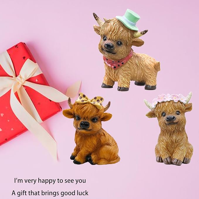 Highland Cows Themed Gifts for Women,Cute and Cozy Resin Yak Figurine with Floral Crown - Perfect Rustic Home Decor Accent