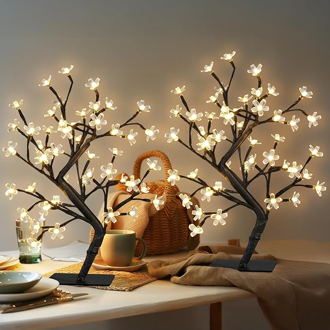 PEIDUO Set of 2 Lighted Cherry Blossom Tree, Light up Bonsai Tree for Christmas Decorations, Warm White Lights Plug in Adapter, Tabletop Night Light Artificial Tree for Indoor Bedroom Living Room