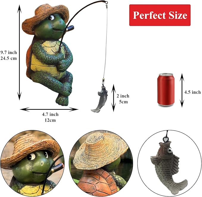 Turtle Decoration for Yard Outdoor Garden Decor 9.7 Inch Tall Fishing Turtle Statue for Koi Pond, Waterfalls or Poolside Ornaments, Fisher Animals Pond Decor, Gift for Mom & Women