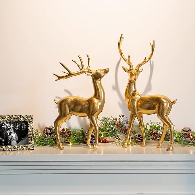 Newman House Studio Gold Reindeer Christmas Decoration Indoor - Large Christmas Reindeer Decor Statue 10.6 * 6.5 * 17.4 Inch