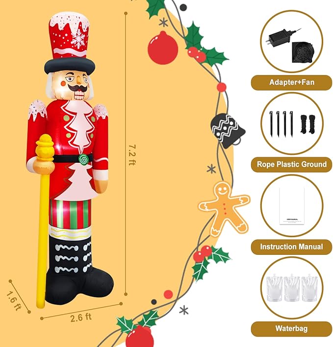 Christmas Inflatables Nutcracker Decoration Blow Up 8FT Santa Figurine Red & White Soldier with Candy Cane Stripes, Staff & Crown Hat Festive Holiday Decor for Lawn, Garden Xmas Display