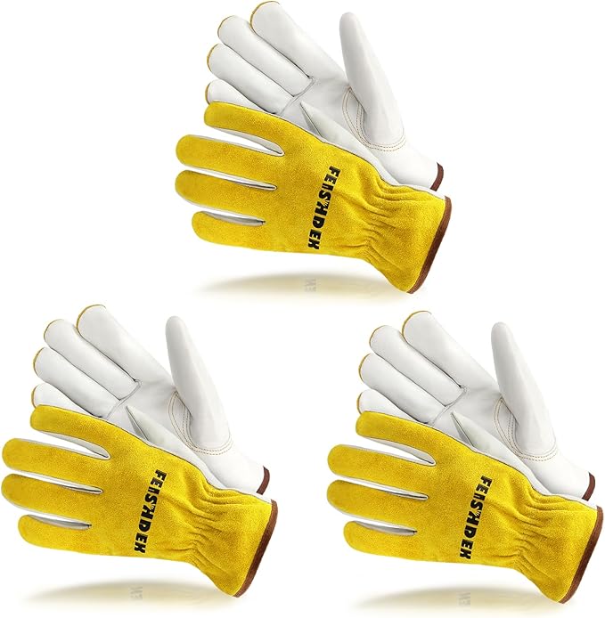 Leather Work Gloves, Puncture Proof Garden Gloves for Women, Heavy Duty Safety Working Gloves for Men