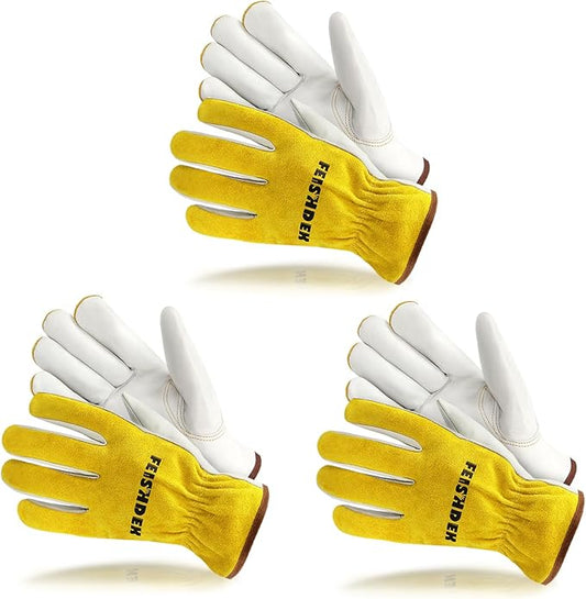 Leather Work Gloves, Puncture Proof Garden Gloves for Women, Heavy Duty Safety Working Gloves for Men