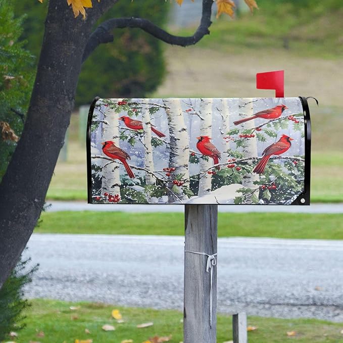 SUABO Mailbox Cover Red Cardinals Perched Standard Magnetic Mailbox Covers Wraps for Christmas Home Yard Garden Decor