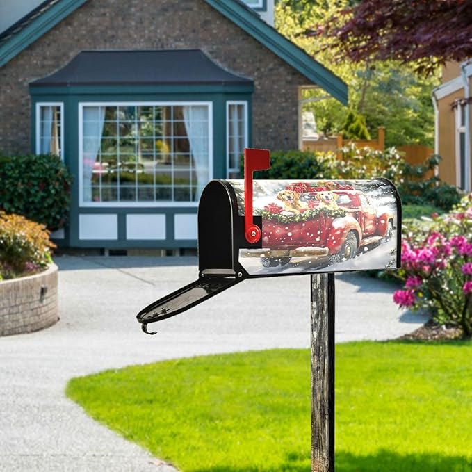 ALAZA Christmas Red Truck Dog Snowflakes Magnetic Mailbox Cover MailWraps Garden Yard Home Decor for Outside Oversized-25.5" x20.8"