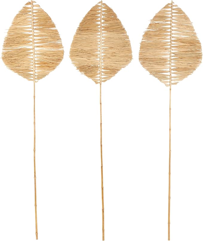 Deco 79 Bamboo Wood Leaf Handmade Home Decor Natural Foliage Tall Palm Leaf Stick Tassel Natural Dried Foliage, Set of 3 Foliage for Decoration 21" W, 79" H, Light Brown