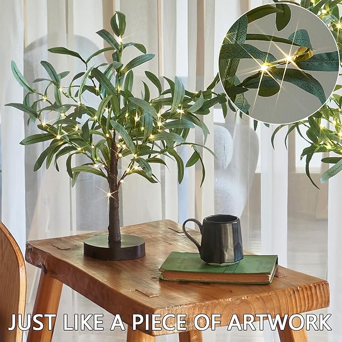 Fudios Little Lighted Tree with Timer 18in 50 LED USB Battery Operated Table Top Bonsai Olive Trees Light Artificial Plant for Home Decor Indoor