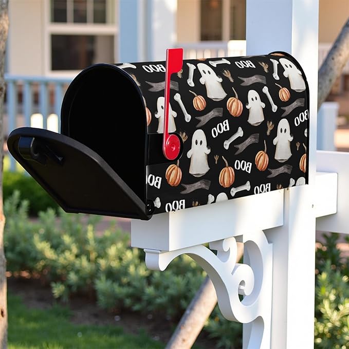 Boo Spooky Mailbox Magnetic Covers Halloween Ghost Mailbox Cover 25.5x21 inch Pumpkin Mail Box Wrap Decorations for Outside Garden Yard Black