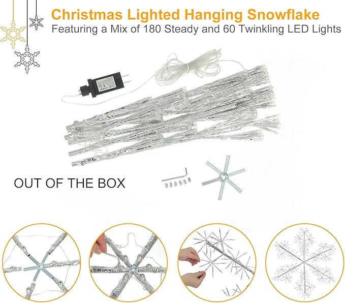 Hanging Christmas Snowflake Lights, 30’’ Large Silver Snowflake with 240 Cool White LEDs Twinkle for Indoor Outdoor Decorations