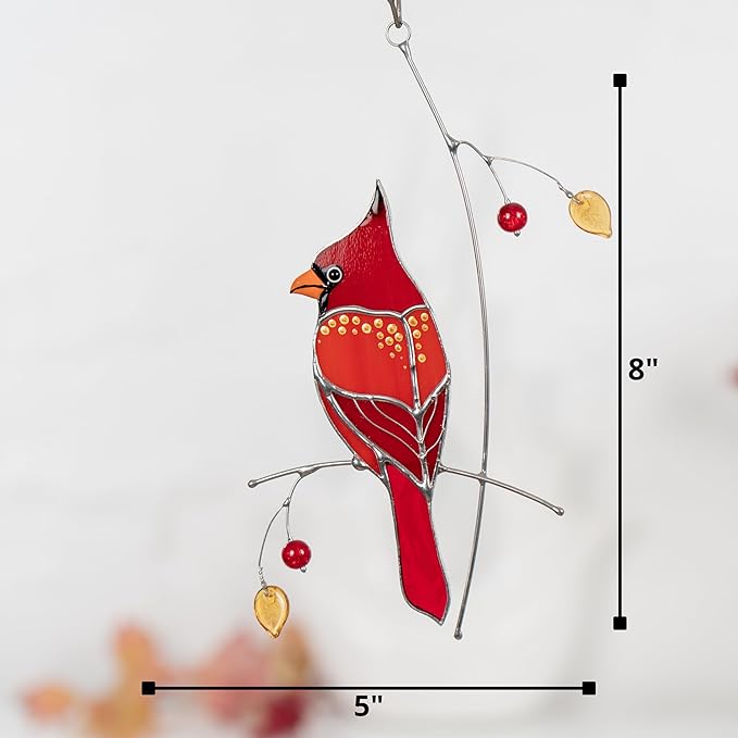 Hummingbird Cardinal Birds Stained Glass Suncatcher Genuine Stained Glass Window Hangings Unique Indoor Ornament & Outdoor Decor (Golden Cardinal)