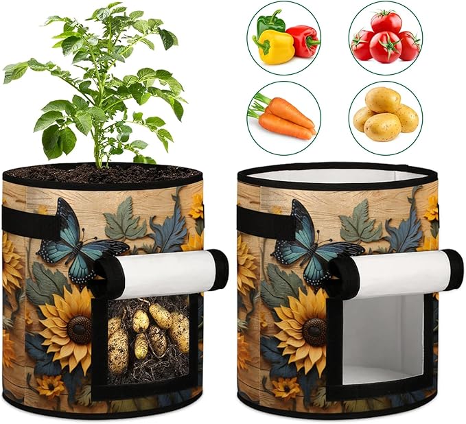 Sunflower Flowers Grow Bags 7 Gallon Thickened Nonwoven Plant Pot Vegetables Potato Fruit Plant Grow Bag with Handle Garden Plant Bag Outdoor 2 Pack