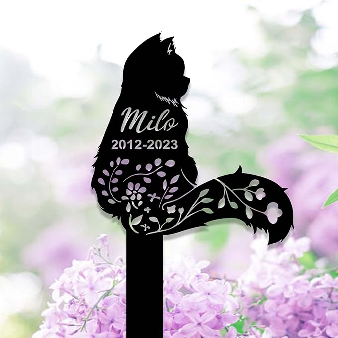 Custom Fluffy Cat Memorial Stake Sign Metal Long Hair Cat Grave Marker Cat Garden Decor Personalized Cat Name Remembrance Yard Stake Pet in Heaven Loss of Cat Sympathy Gift