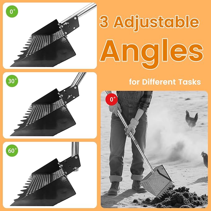 Chicken Poop Scooper for Chicken Coop 304 Stainless Steel Adjustable Angle Durable Sand Sifting Litter Shovel for Farm Animals Cleaning Tools (Black)
