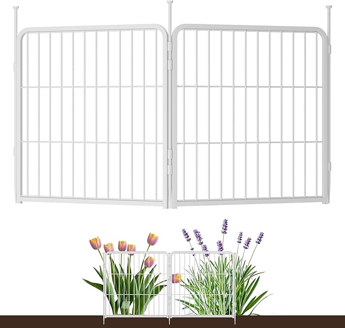 SunsGrove Garden Fence 24 in(H) x 3.7 ft(L) 2 Panels, Heavy Duty Metal Animal Barrier Fence for Dogs, Easy No-Dig Setup, Decorative Dog Fences, White