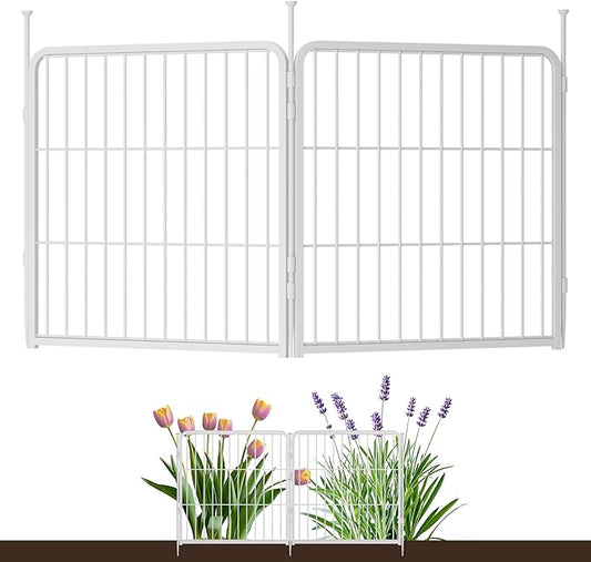 SunsGrove Garden Fence 24 in(H) x 3.7 ft(L) 2 Panels, Heavy Duty Metal Animal Barrier Fence for Dogs, Easy No-Dig Setup, Decorative Dog Fences, White