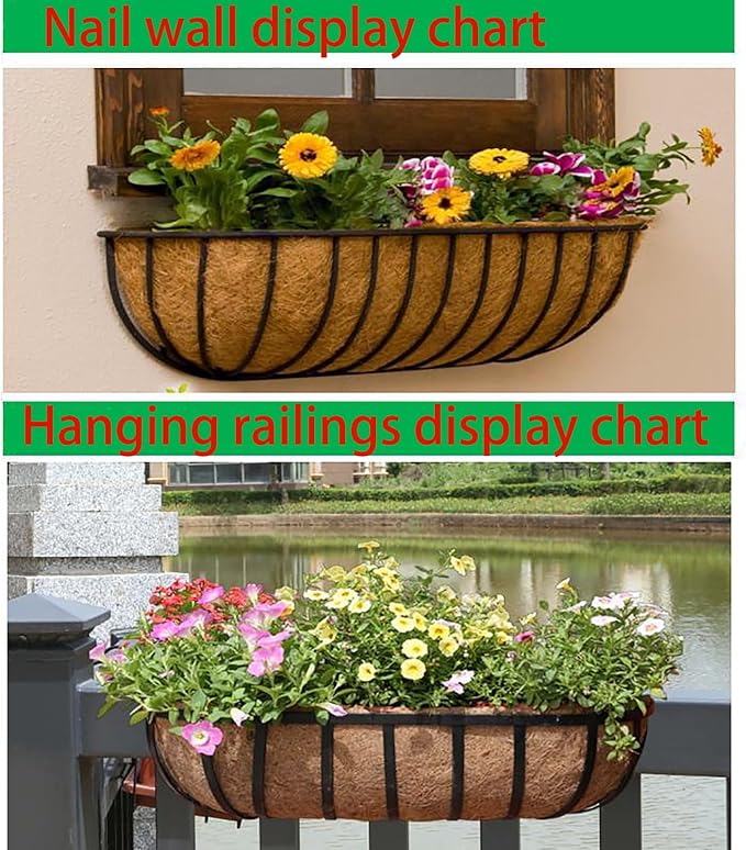 36 Inch Railing Planter Window Box Deck Balcony Rail Planter with Coco Liner Metal Wall-Mounted Coconut Liner Planters Basket Horse Trough Planters for Outdoor Balcony Porch Fence Patio (2 Pack)