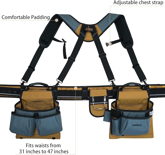 KUNN Carpenter Tool Belt with Suspenders Pro Framer Suspension Tool Rig for Construction Contractors and Electrician,Khaki