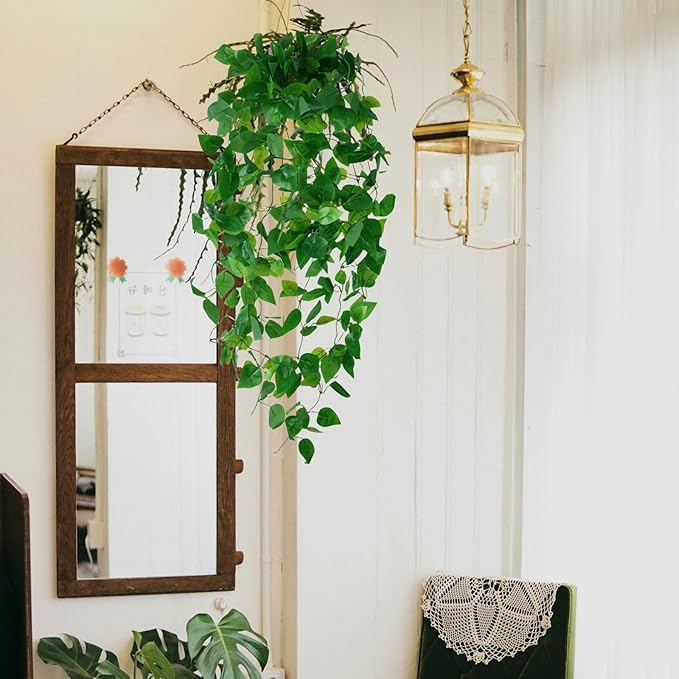Fake Hanging Plants for Room Decor, Artificial Ivy vines Greenery Leaves Garlands for Home Aesthetic living Bedroom kitchen Office Wall patio Bookshelf, Indoor,Outdoor decorations(No Basket)