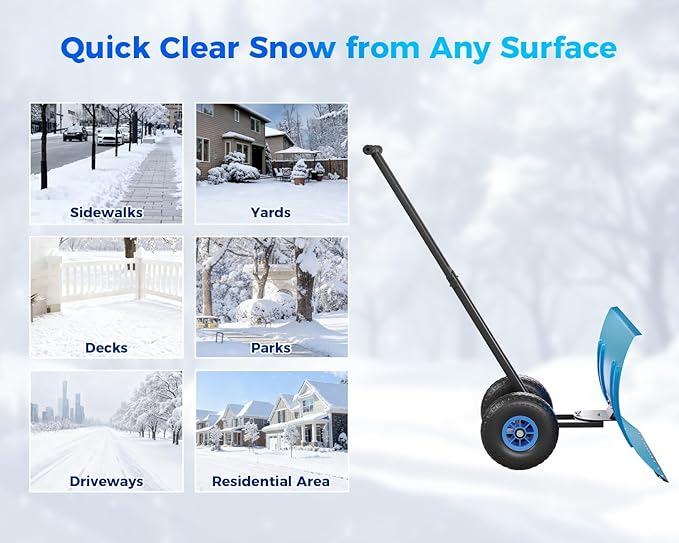 Garvee 29" Snow Pusher Shovel with Wheels,Heavy Duty Steel Snow Shovel with Wheels,Angled Blade Efficient Snow Removal With5-Position Angled Blade & Adjustable Handle for Doorway, Sidewalk, Blue