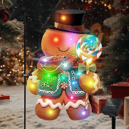 Lighted Christmas Garden Flag - 18x13-inch Waterproof Outdoor Gingerbread Man Christmas Decoration with 24 Glow-in-The-Dark LED in 8 Patterns, Perfect for Yard, Porch, and Lawn Decorations